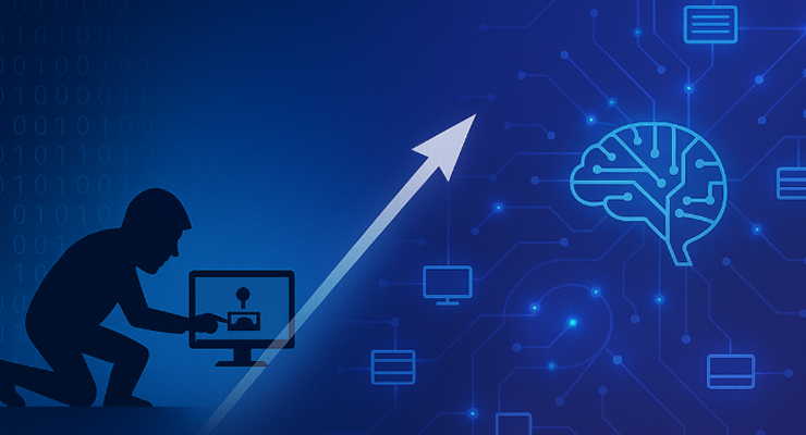 Attacker silhouette beside an AI circuit brain