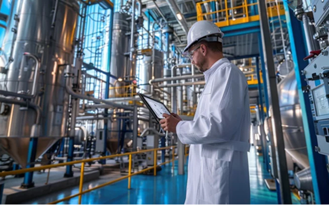 Plant worker in protective coveralls inspecting chemical processing equipment with a tablet