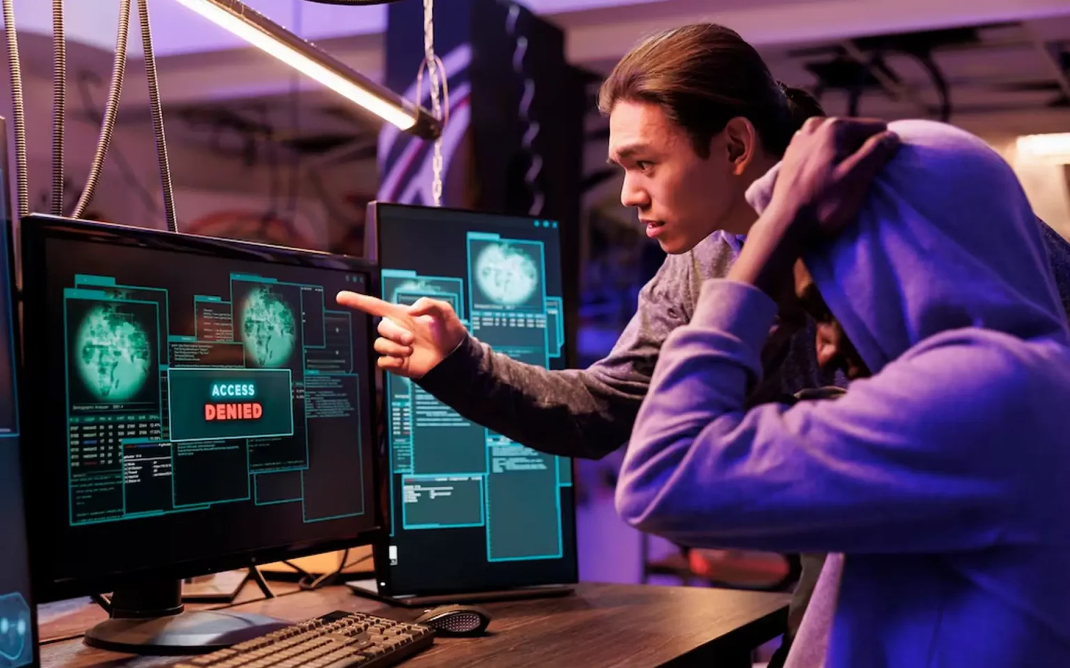 Analyst pointing at a deception console showing an access denied decoy