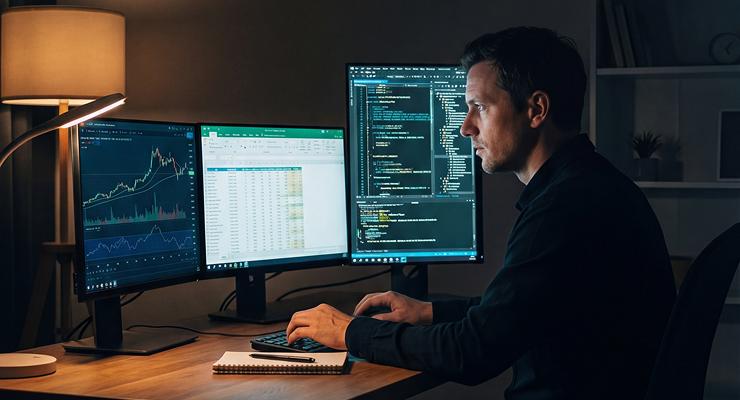 Analyst reviewing dashboards on a multi-monitor desk