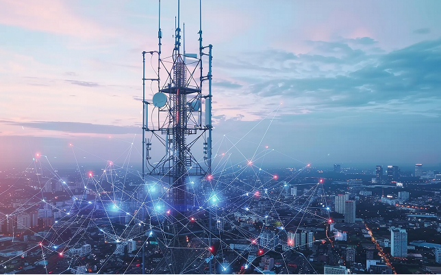 Telecommunications tower over a city skyline with a network overlay