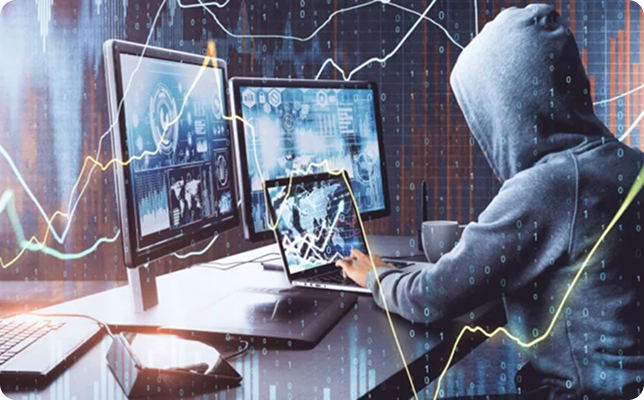 Hooded figure at multi-monitor trading desk with financial chart overlays